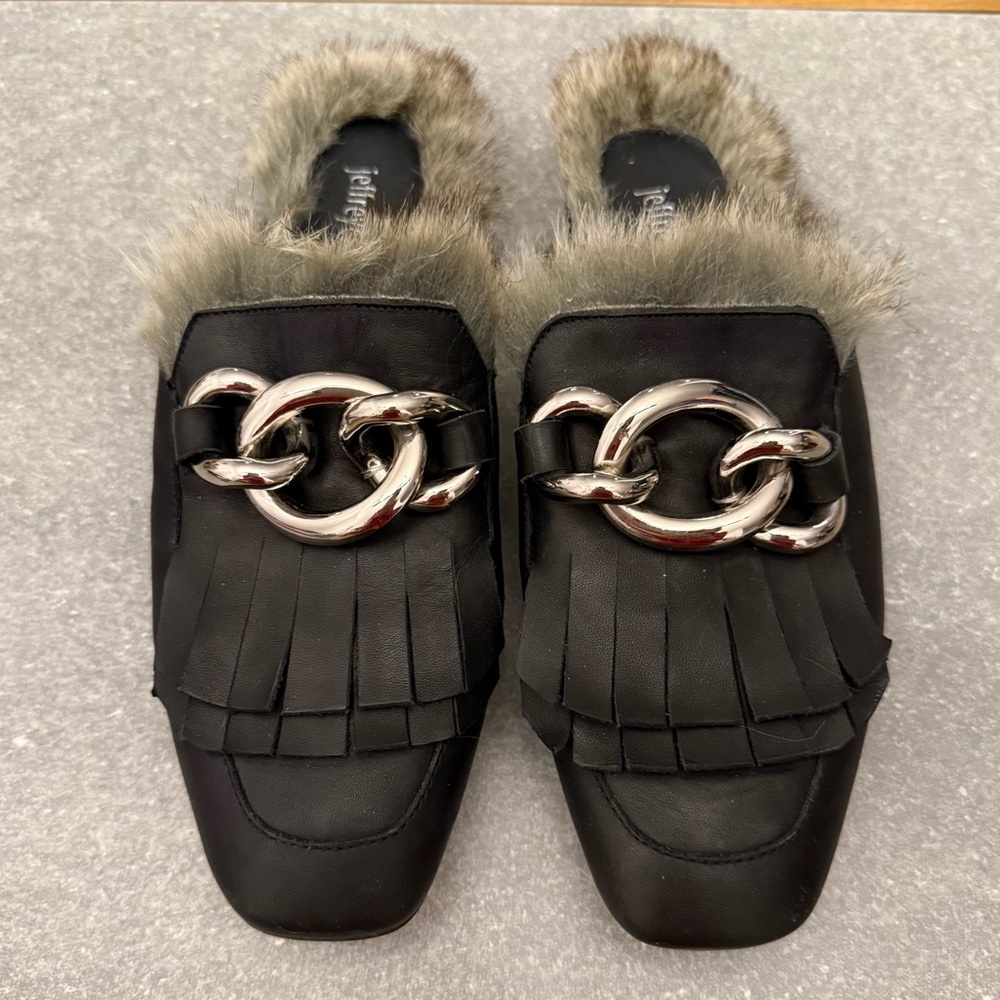 Jeffrey Campbell Leather Faux Fur Mule Slide Loafers Chunky Buckle Size 6 - Picture 7 of 12